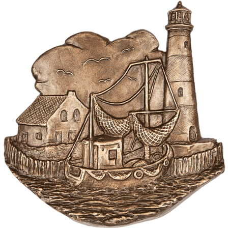 Fishing boat with lighthouse and house 20 x 20 cm