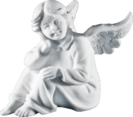 Zittende angel volplastisch h = 9 cm, 10 x 8 cm Gußmarmor weiß